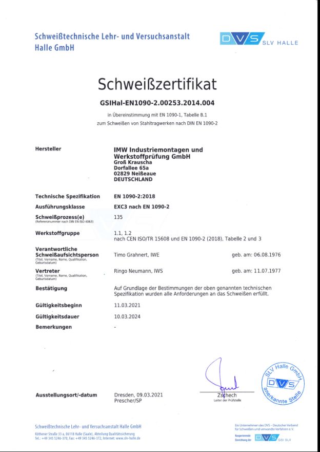 Zertifikat Produktionskontrolle